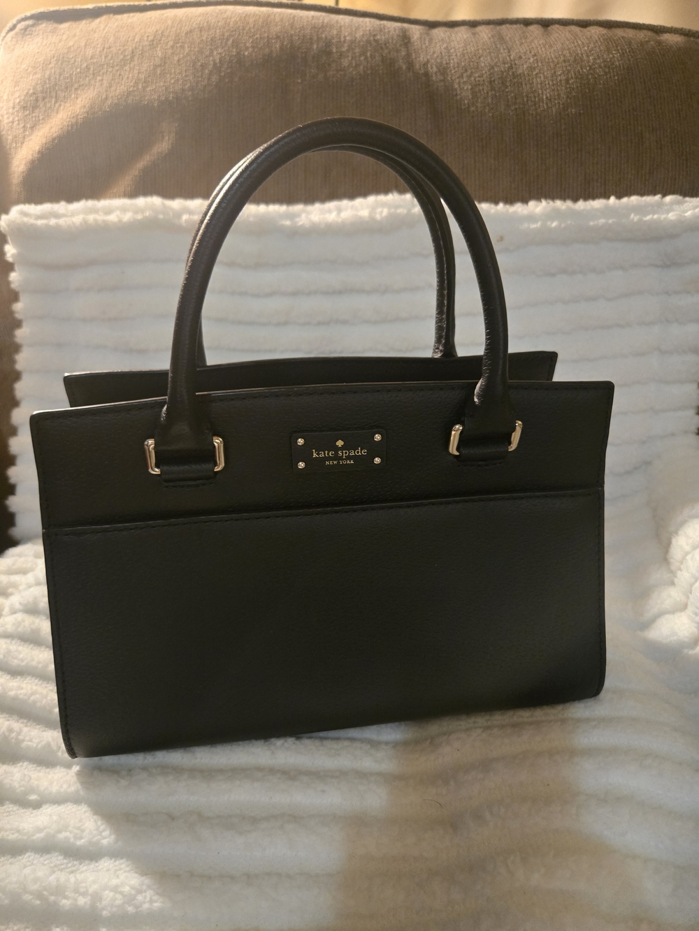kate spade Black Structured Leather Satchel with Gold Hardware.